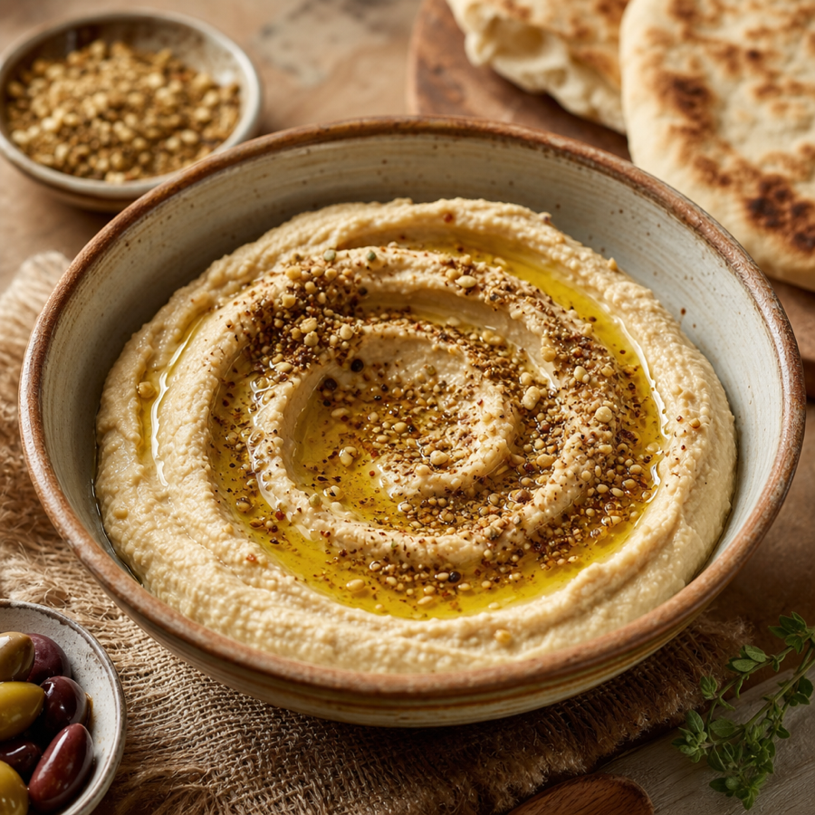 Bowl of hummus with olive oil and dukkah