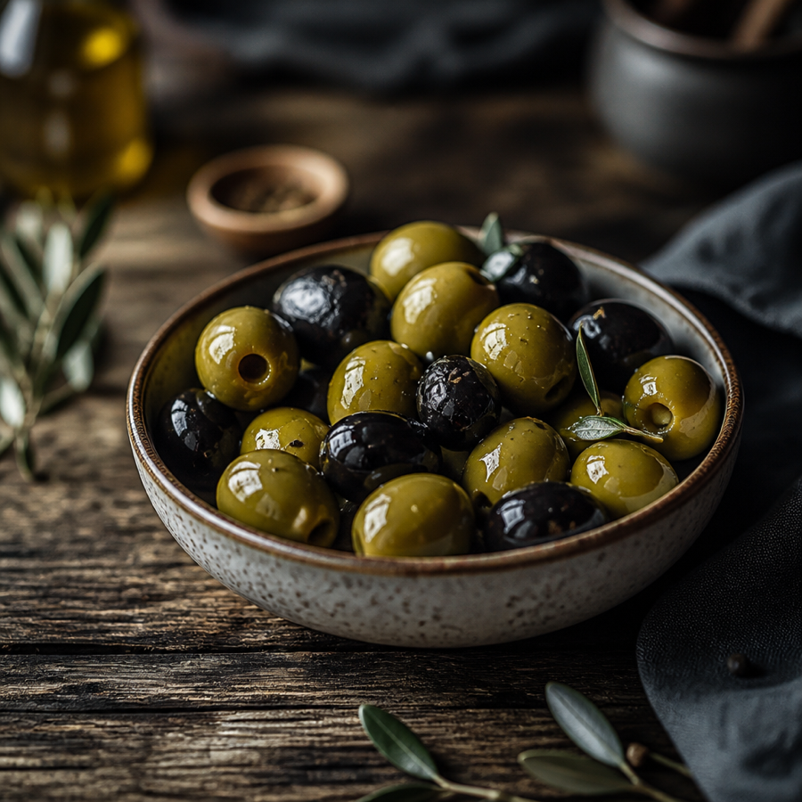 Bowl of green and black olives
