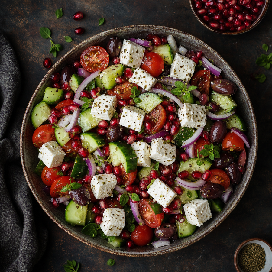 Greek salad with feta and pomegranate