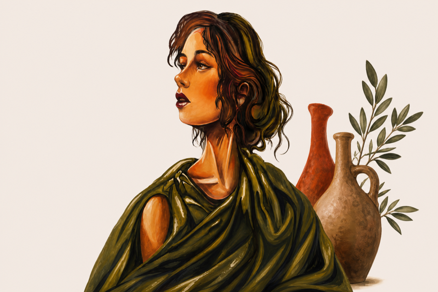 Illustrated Mediterranean woman with terracotta pottery